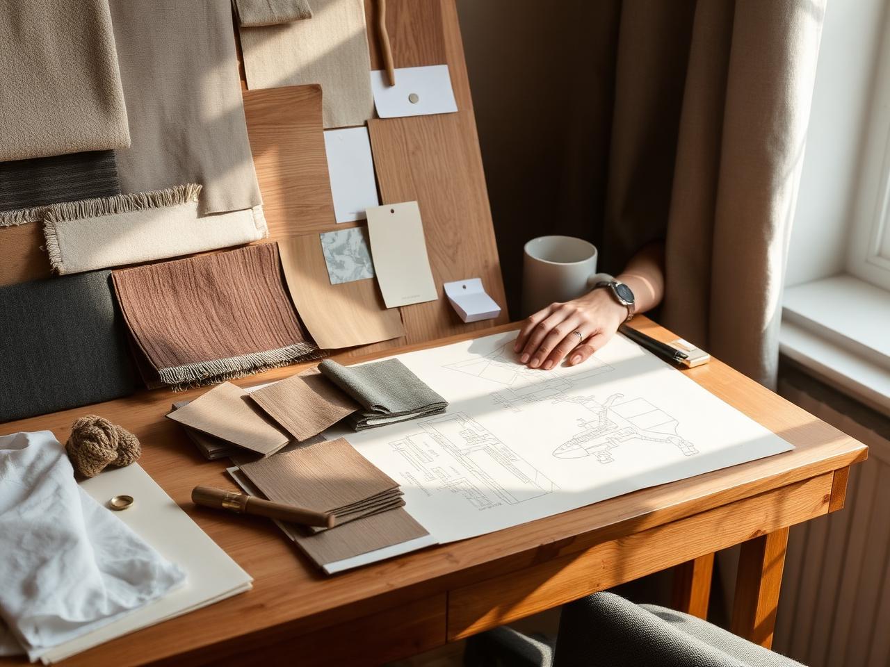 Materiaalstalen en moodboard tijdens het ontwerpproces